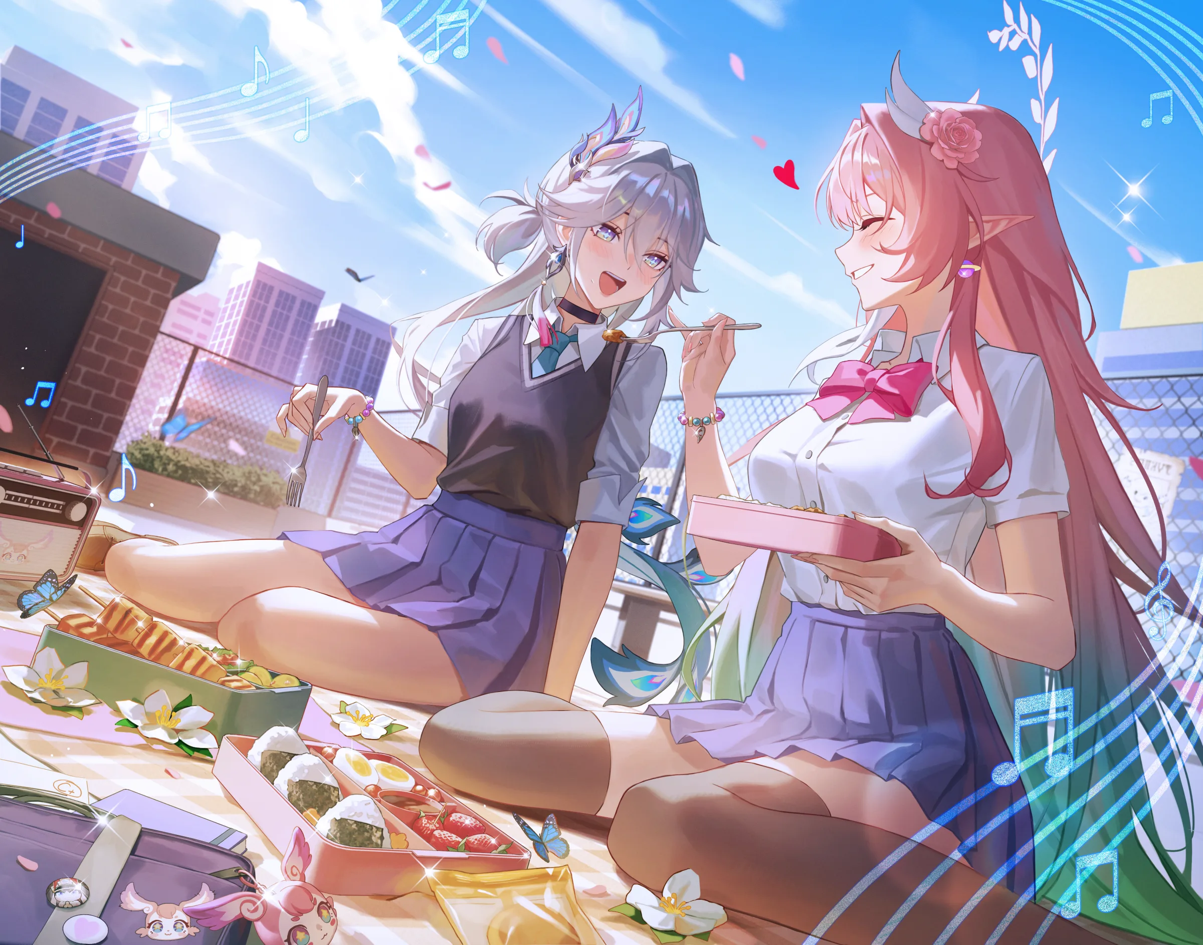 Two characters sharing a bright picnic