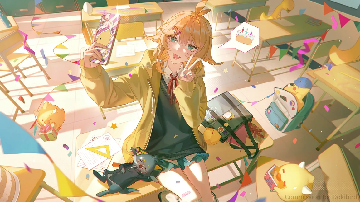 Dokibird celebrating in a classroom with small bird mascots
