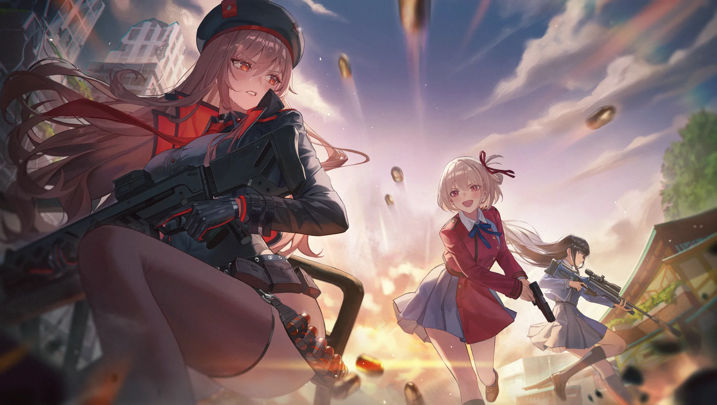Lycoris Recoil characters in a city scene