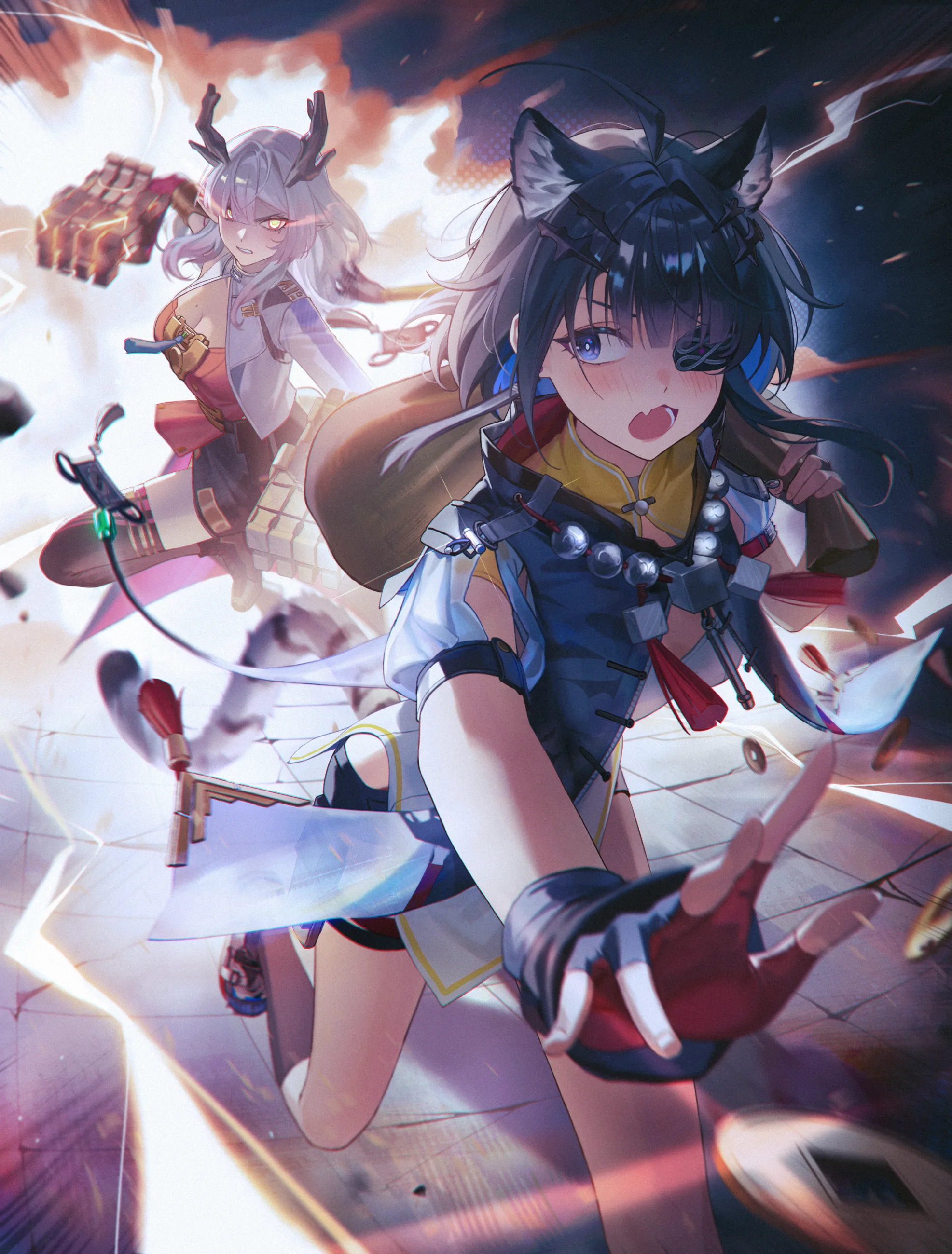 Two characters surrounded by violet effects