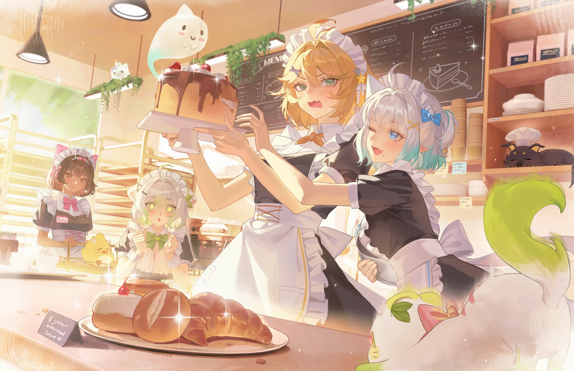 Four characters baking together in a sunny kitchen
