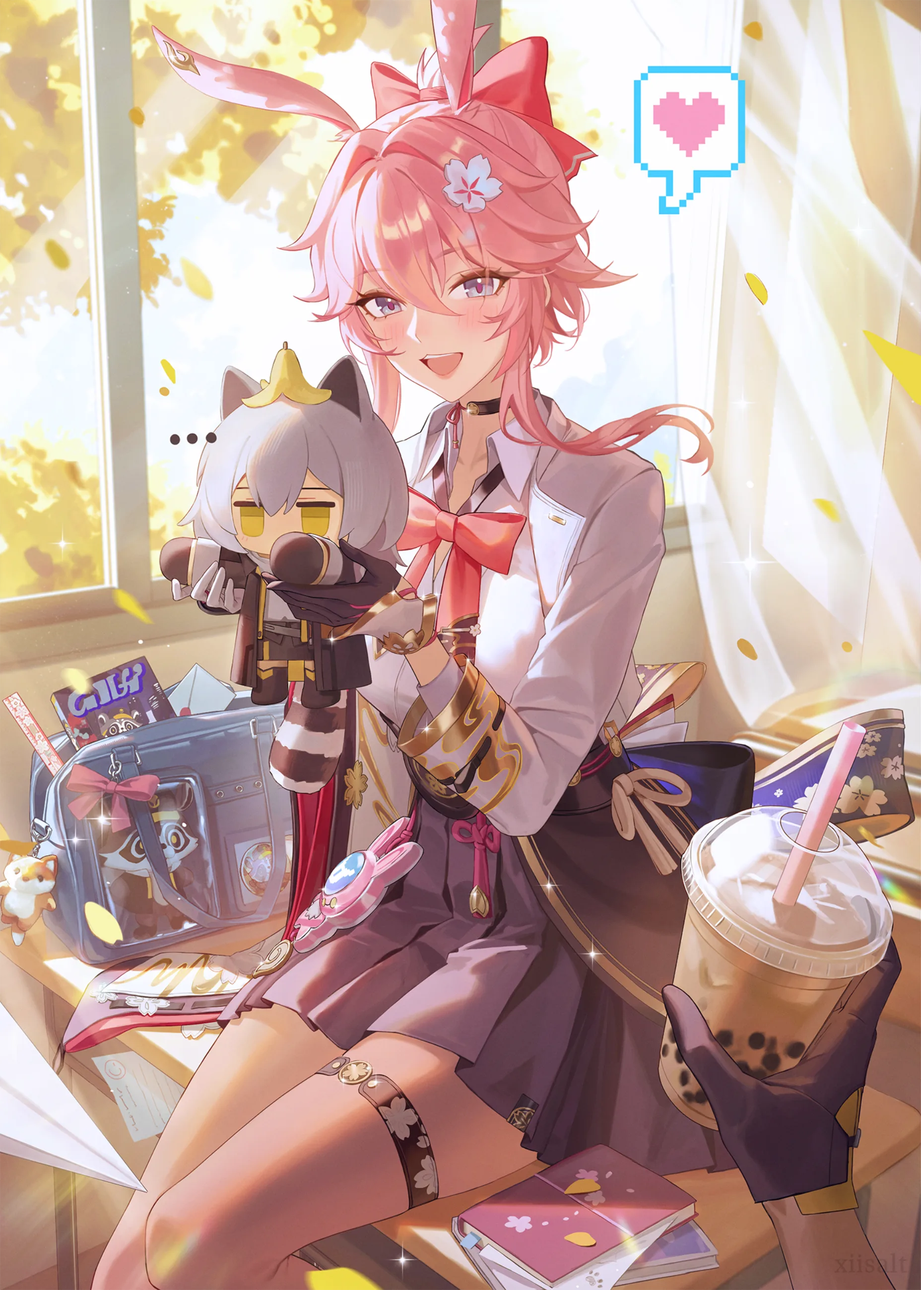 Two characters surrounded by violet light