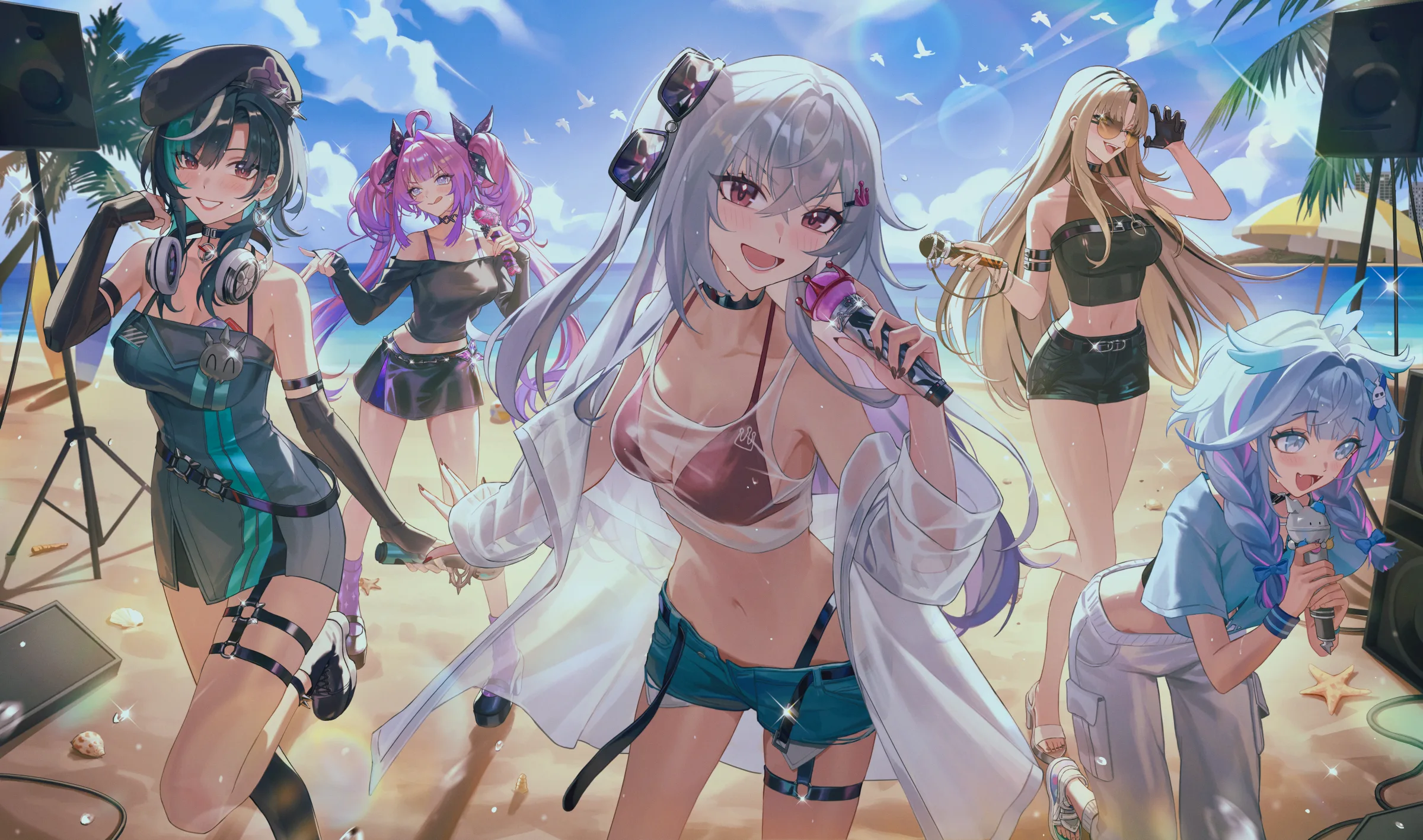 Five performers together at a tropical beach