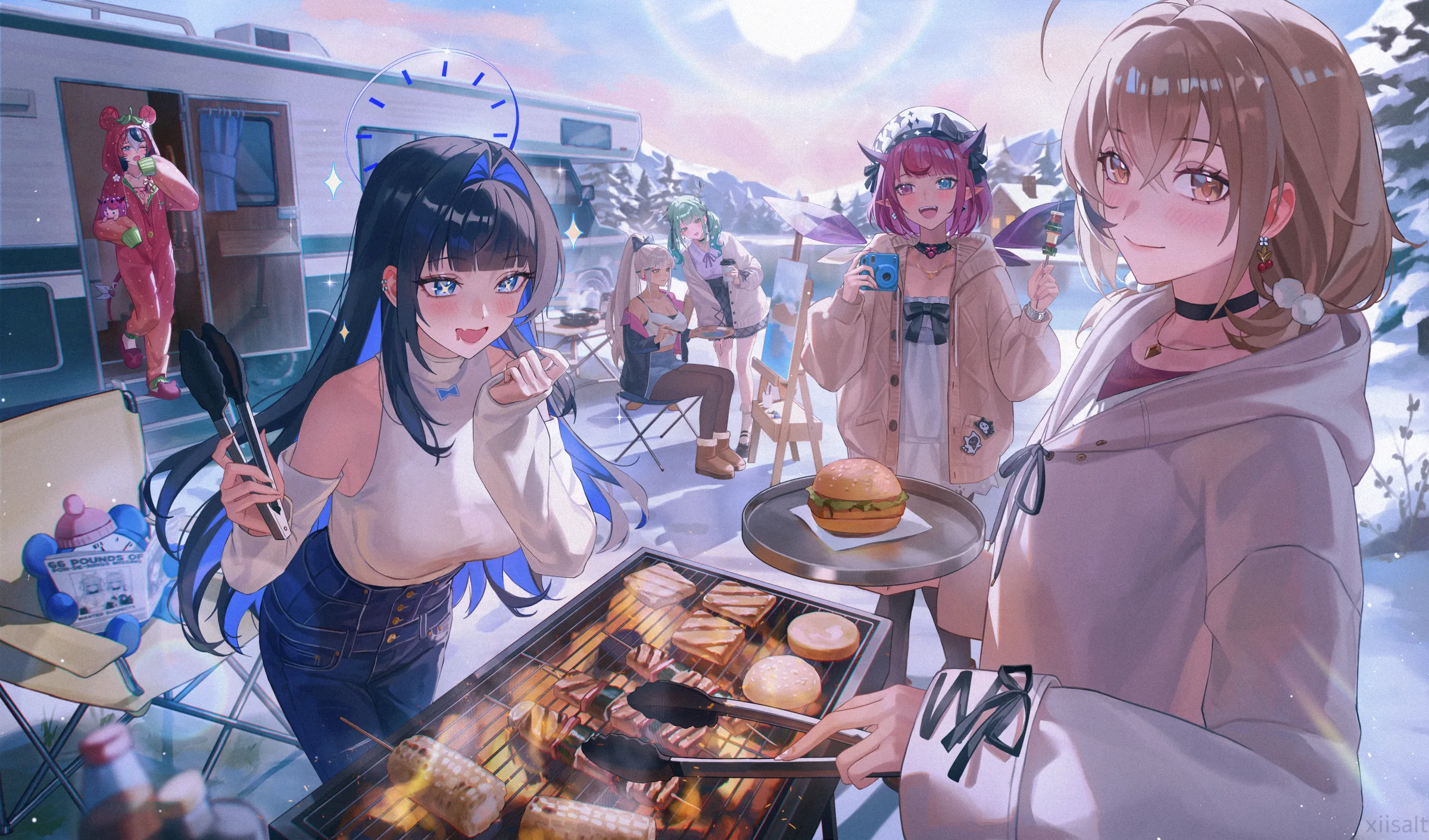 Two characters cooking together outdoors