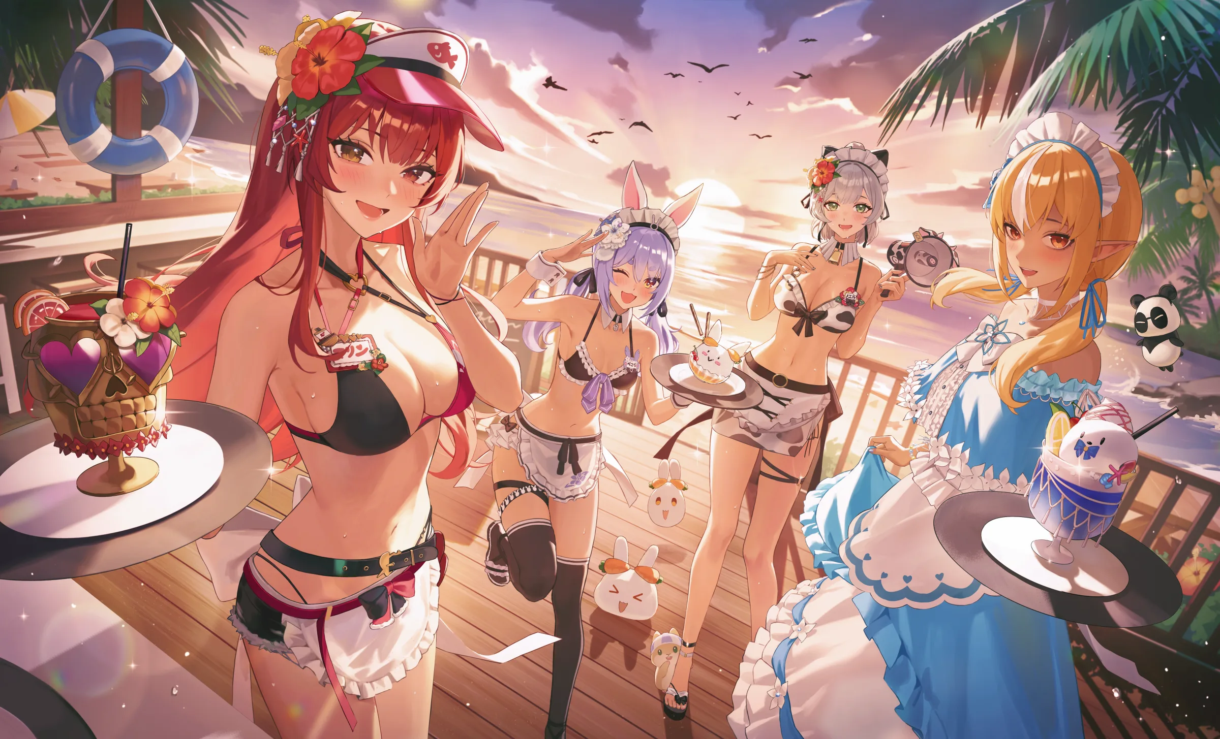 Characters gathered on a tropical boardwalk