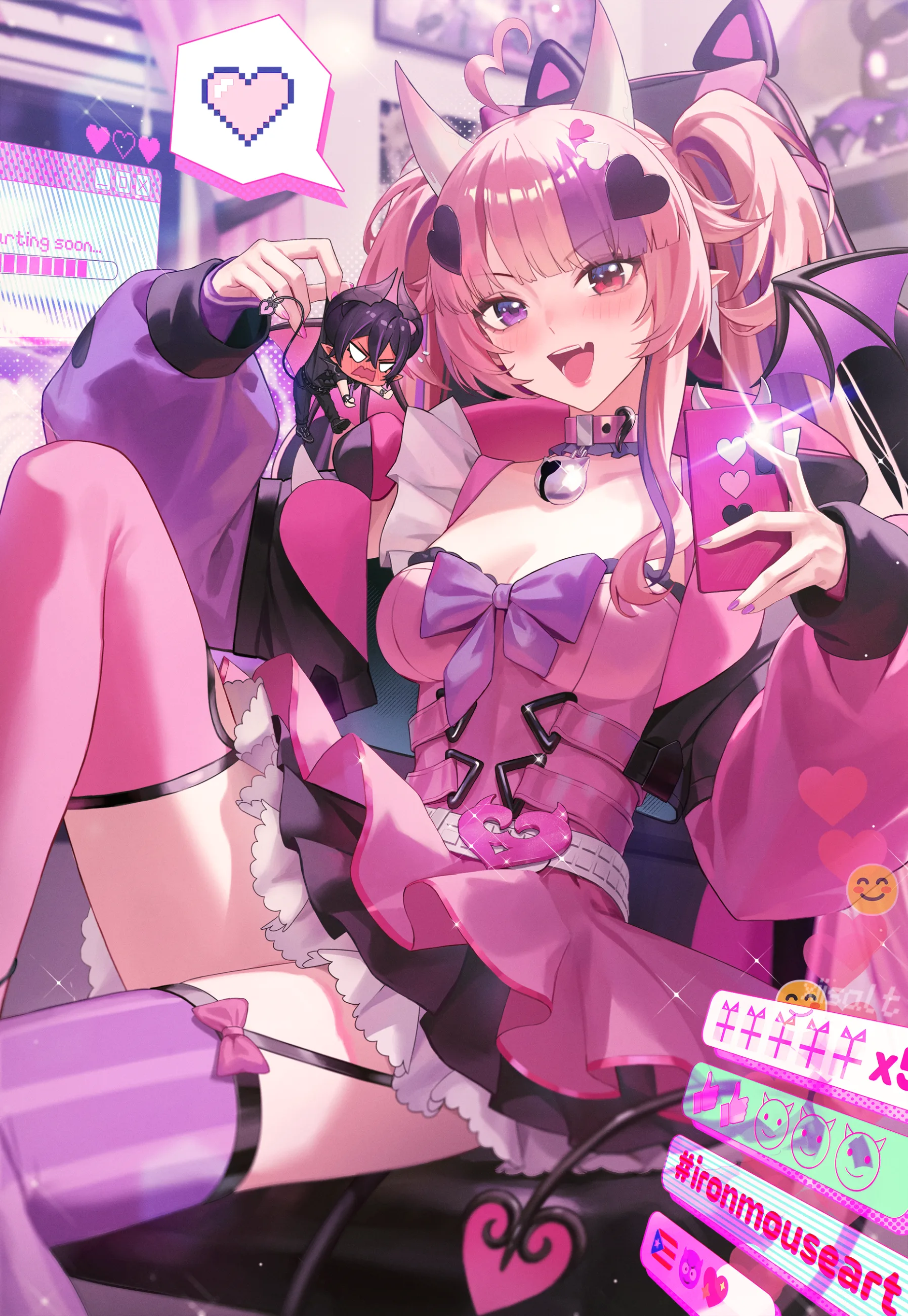 Pink haired character seated in a gaming room