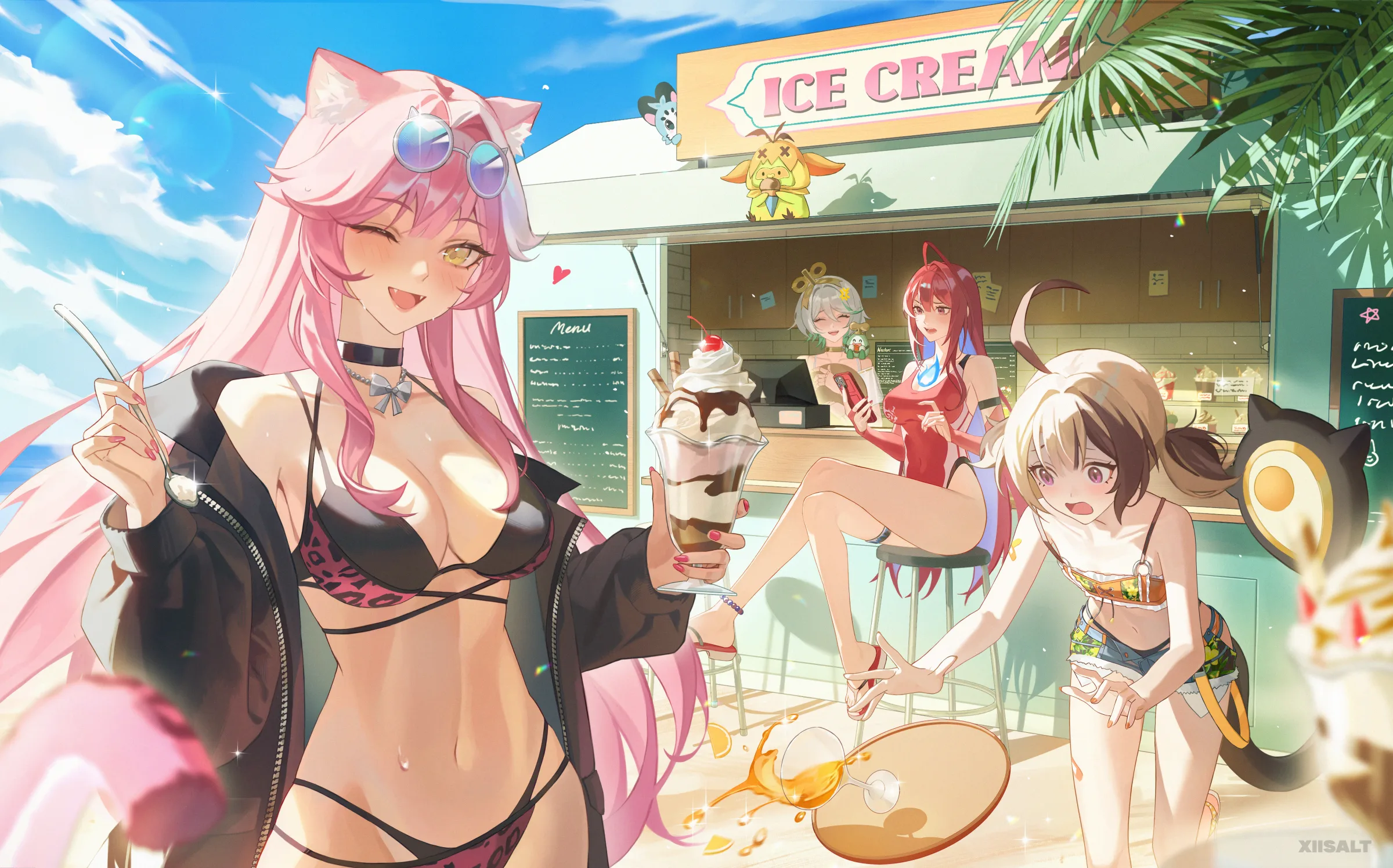 A group taking a photo in a neon city