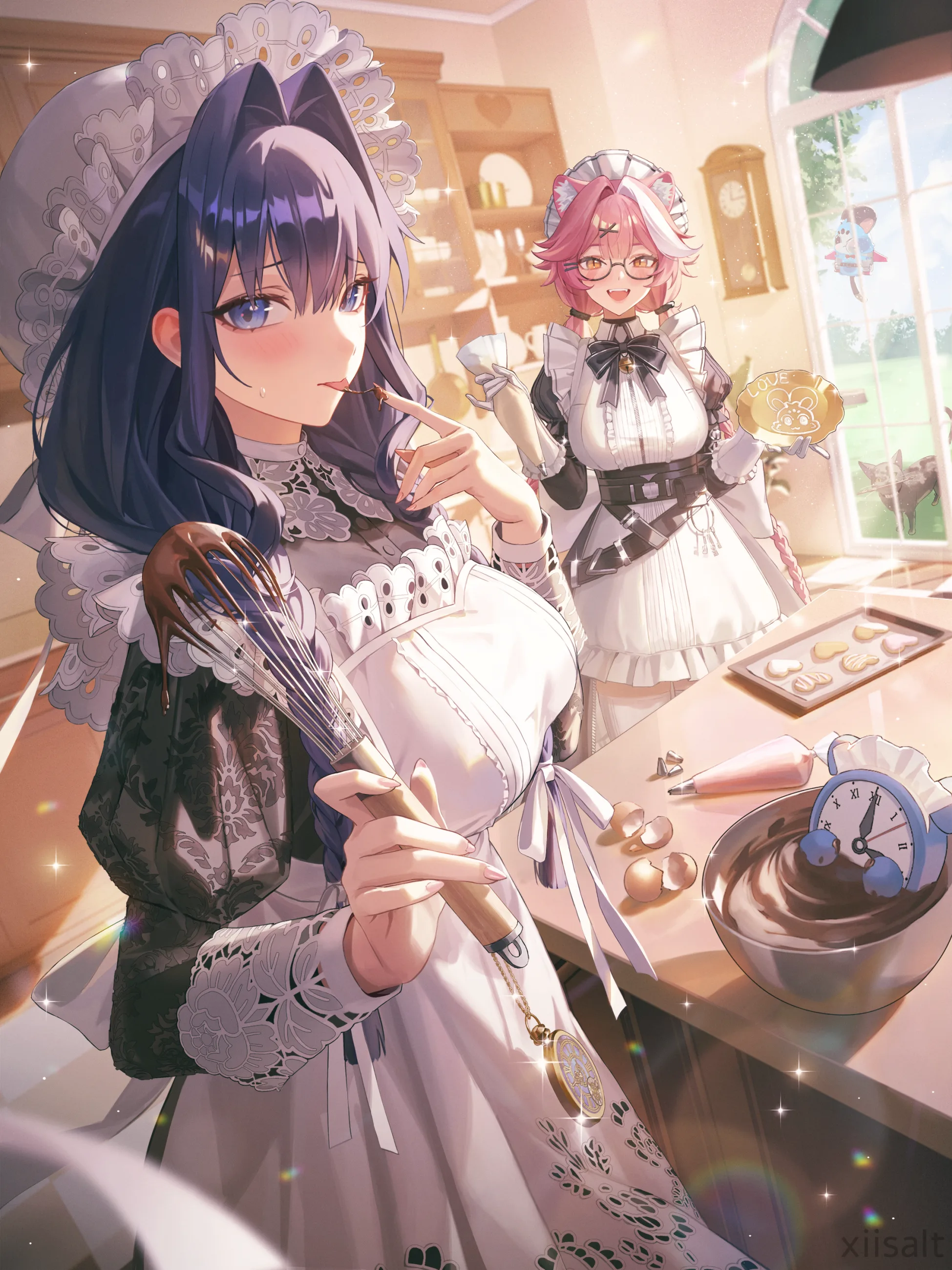 Two maids sharing food at a table