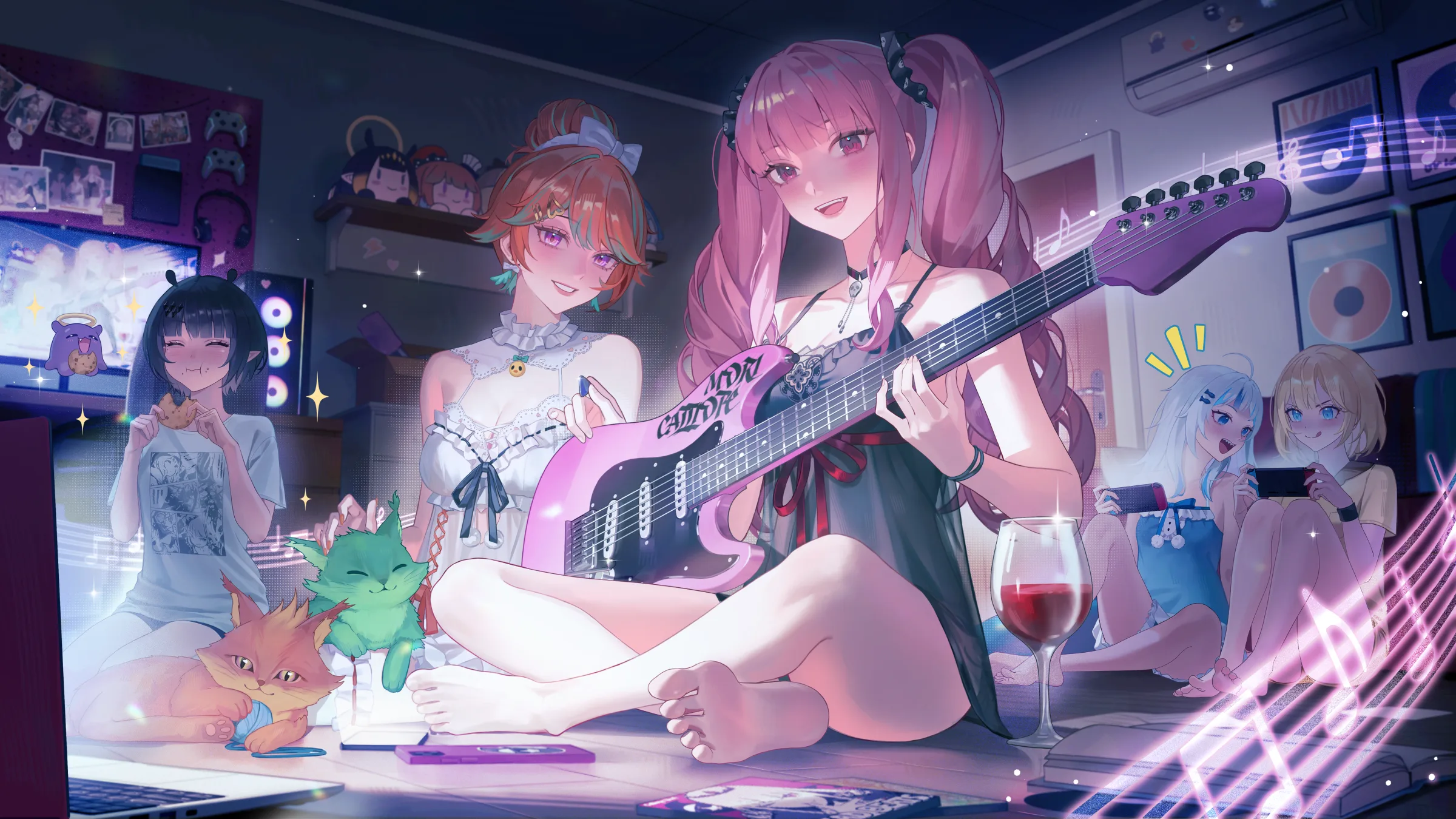 Characters playing music together in a bedroom