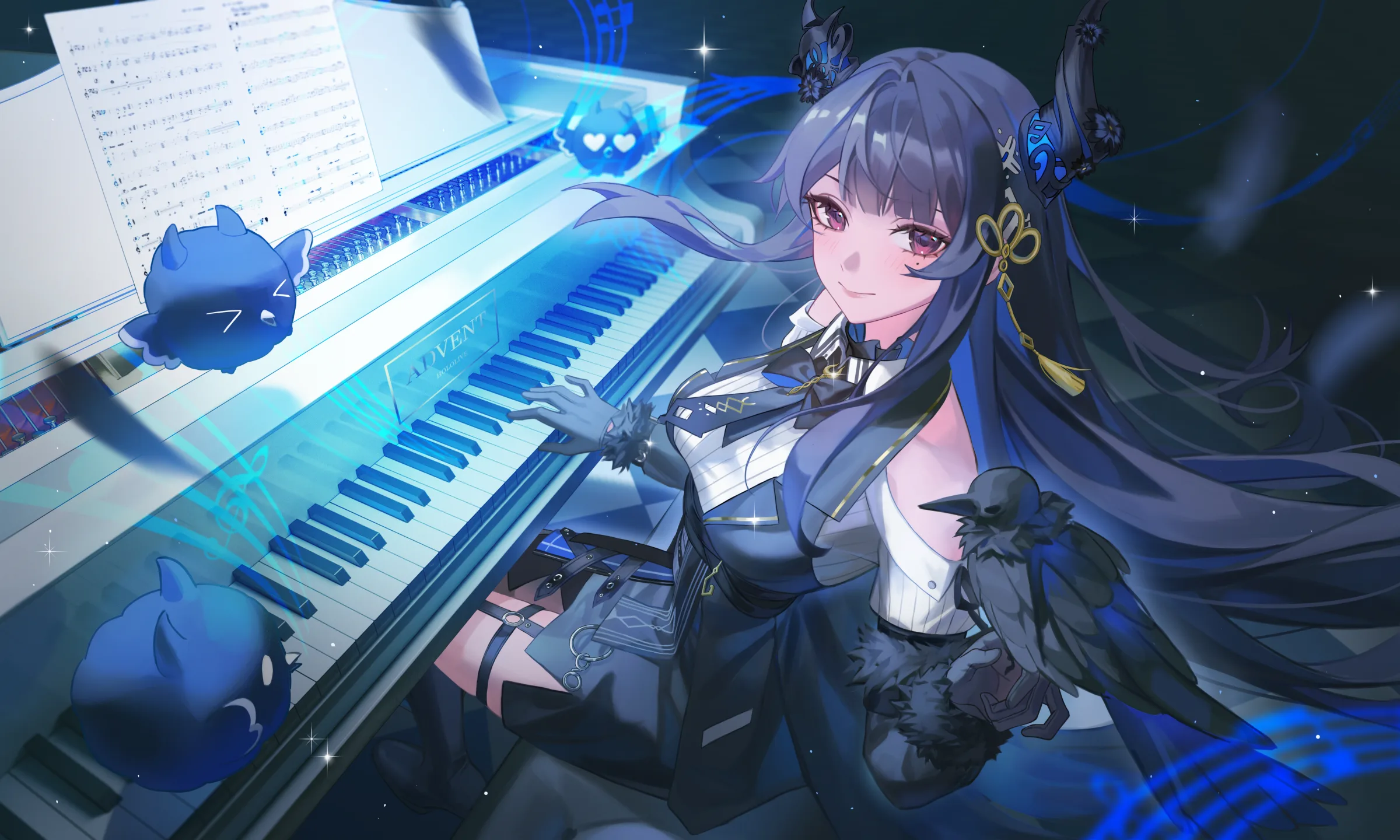 Dark haired character seated at a piano
