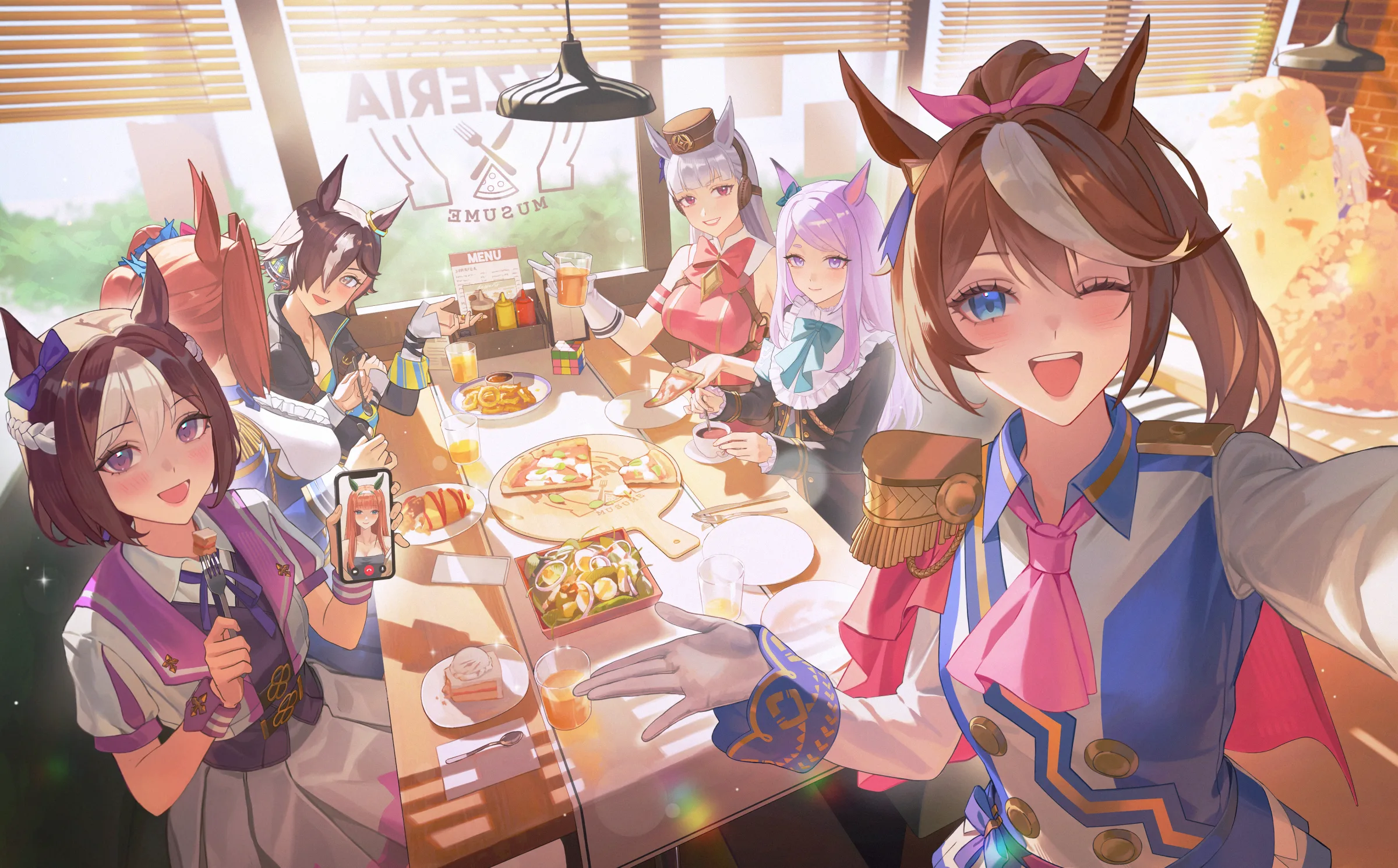 Characters sharing a meal in a bright cafe