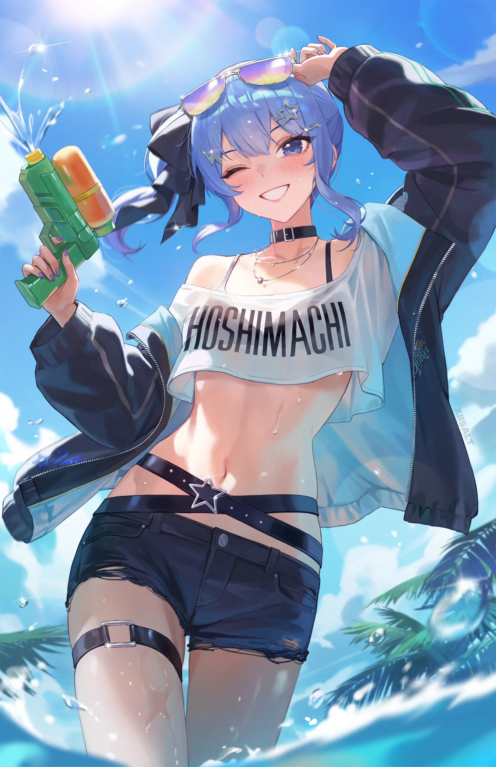Blue haired character in a summer outfit